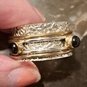 Elegant 925 Gold & Silverw/Black Bead Spinner Ring